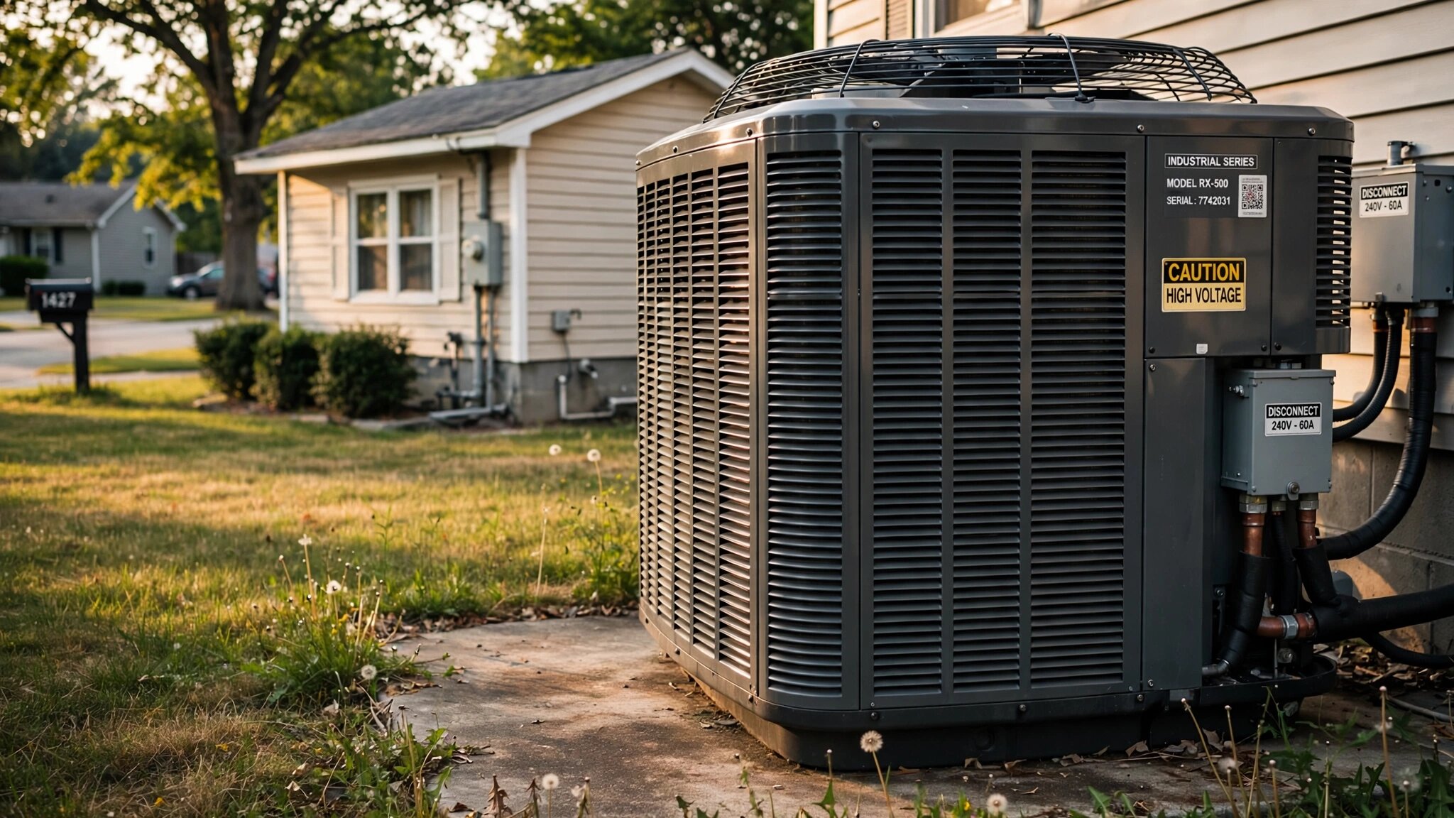 A residential outdoor AC condenser unit that is visibly too large for the small house behind it, summer afternoon light on suburban siding