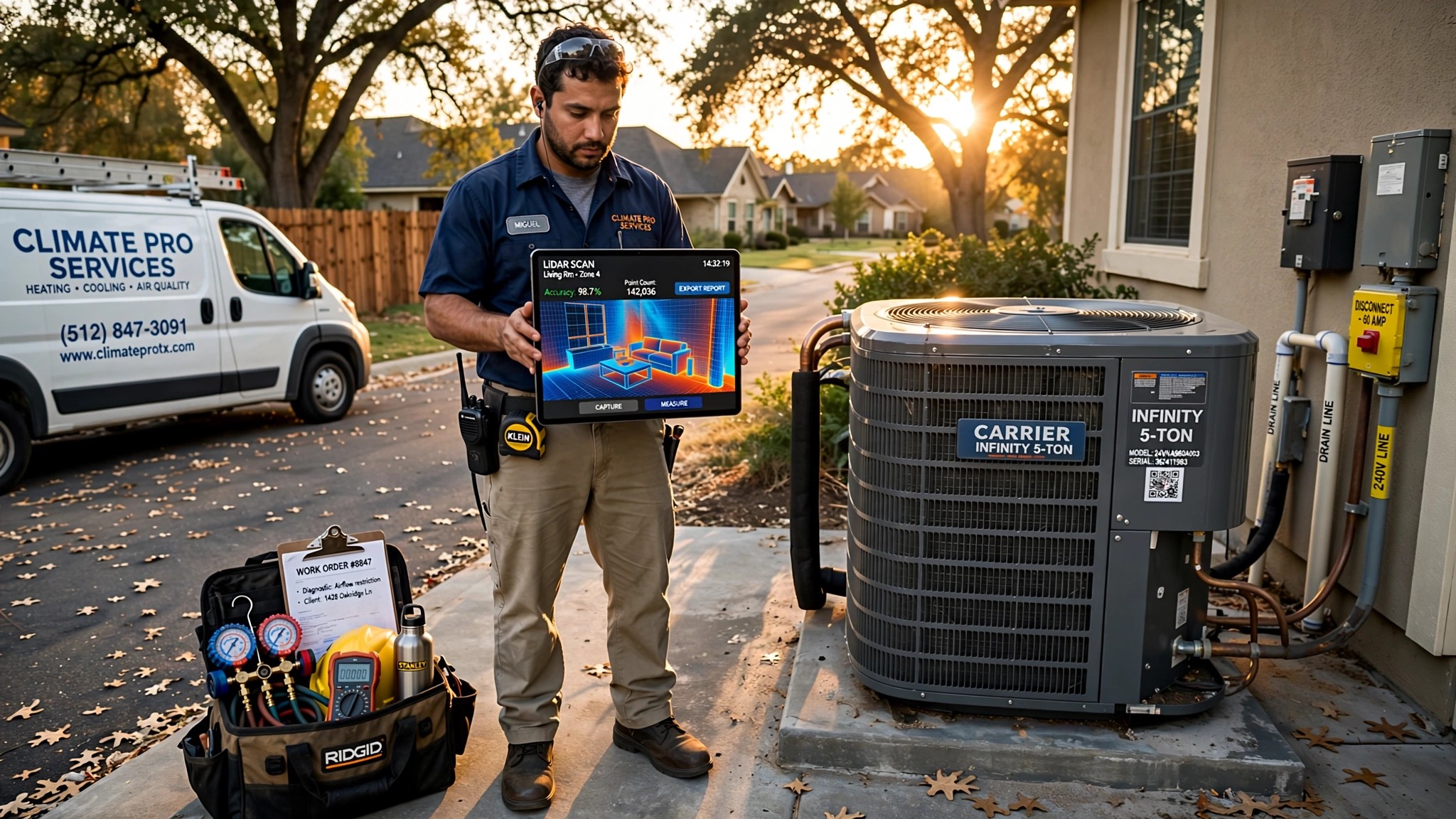 An HVAC technician holding an iPad showing a 3D LiDAR scan of a home interior, with blue wireframe lines mapping the room while an oversized air conditioning unit sits conspicuously large on the concrete pad outside