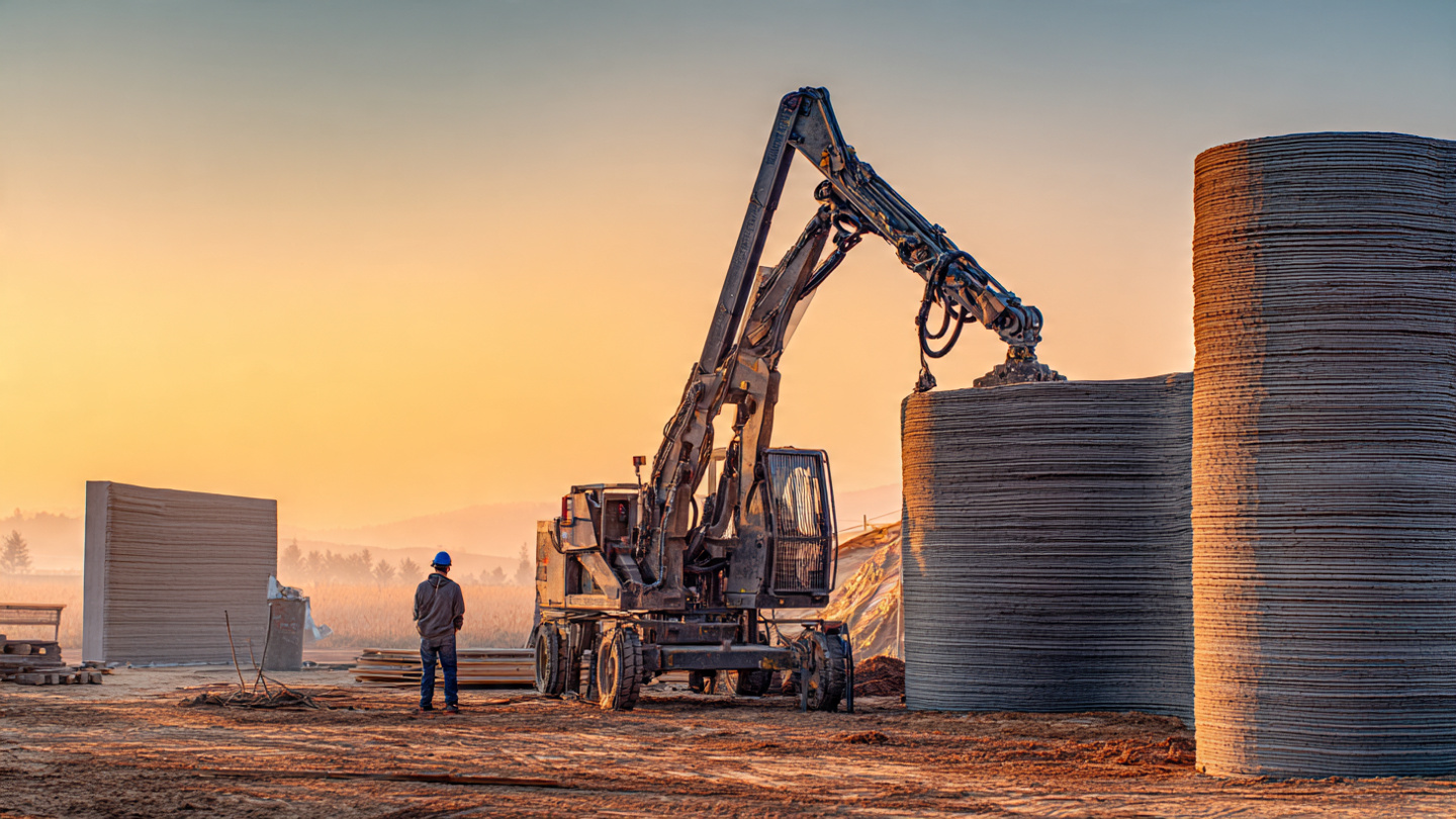 A large robotic arm on a construction site extruding concrete walls layer by layer in morning light, with partially printed walls and a concrete pad visible
