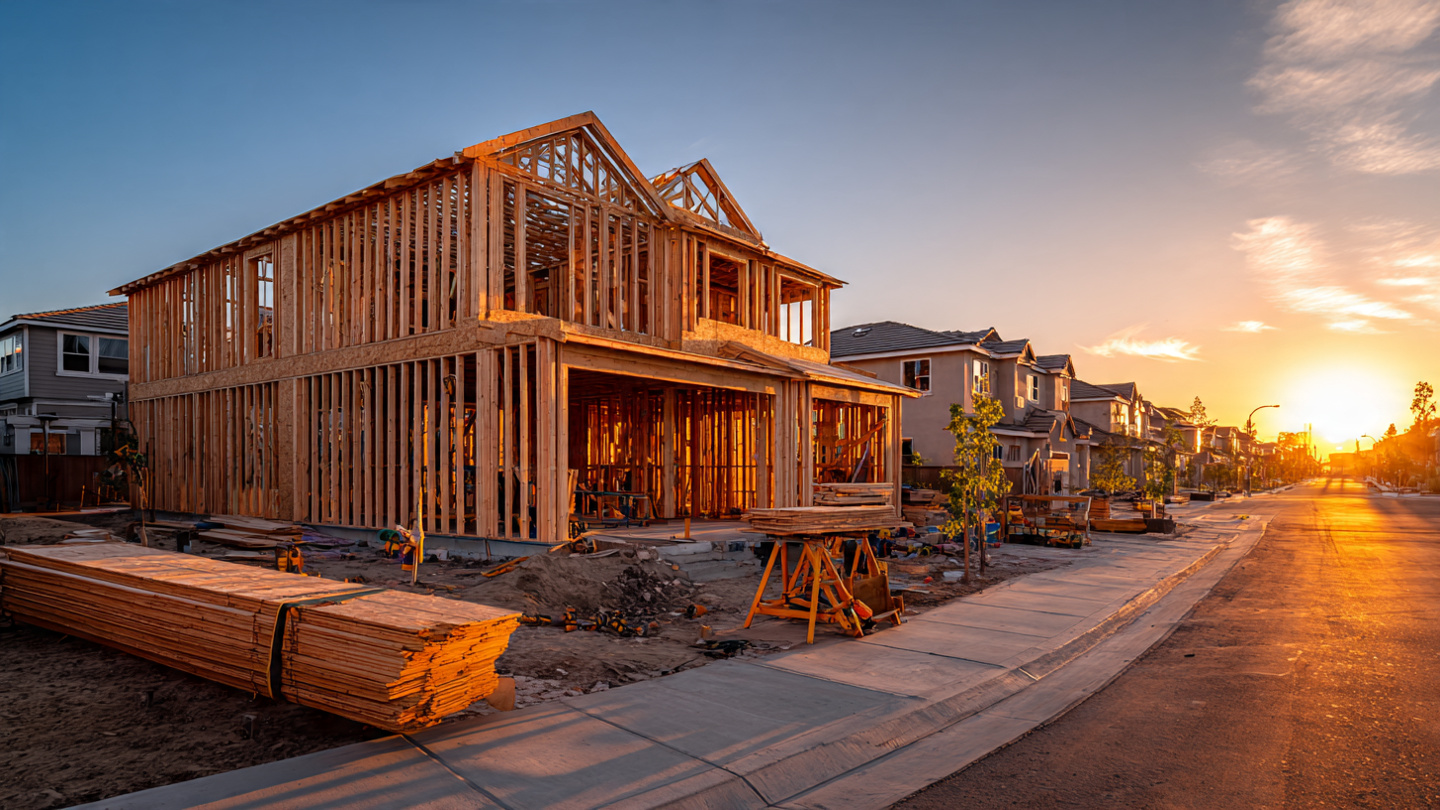 An empty residential construction site at dawn, half-framed house with exposed studs and no workers visible, tool belts hanging from sawhorses, a quiet suburban street in the background