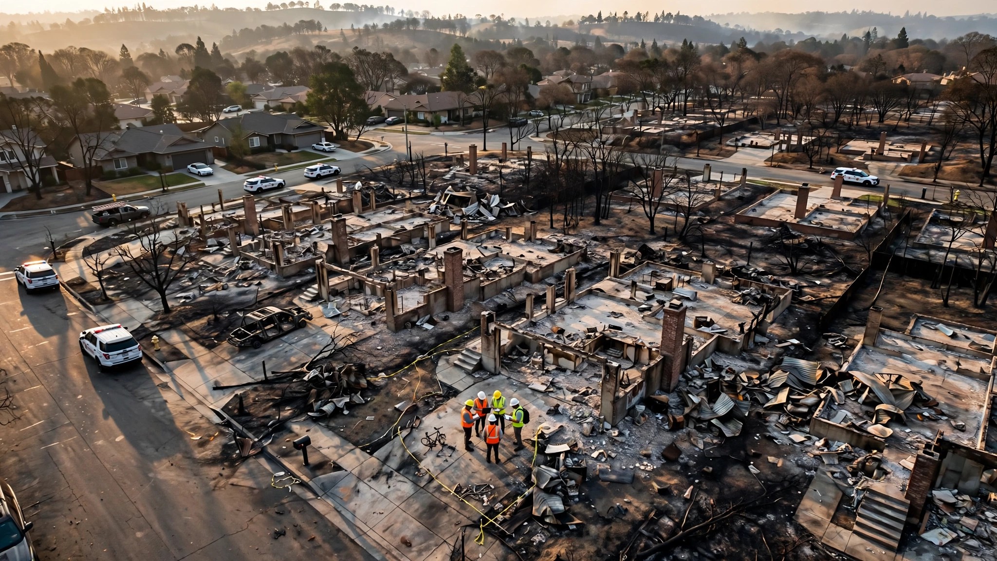 A damaged residential neighborhood with insurance documents and digital overlays showing AI property valuation algorithms