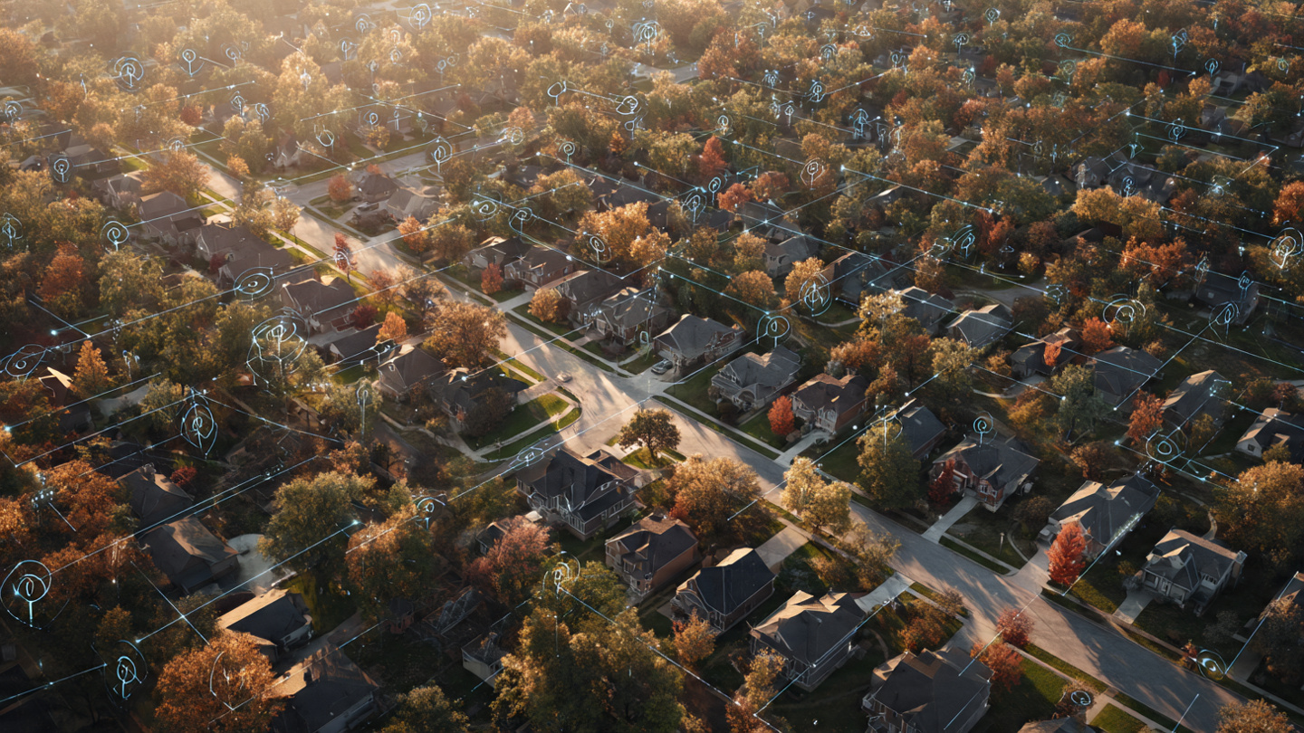 Aerial view of a suburban neighborhood with overlaid digital grid pattern showing AI analysis zones across residential rooftops, afternoon light casting long shadows