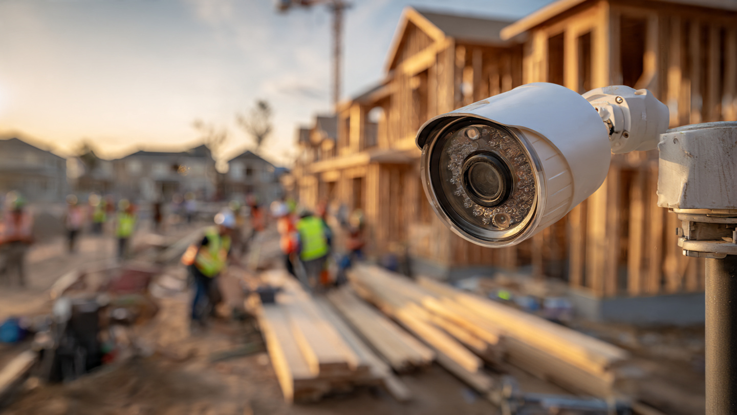 AI surveillance camera mounted on a construction site pole overlooking workers framing a residential building