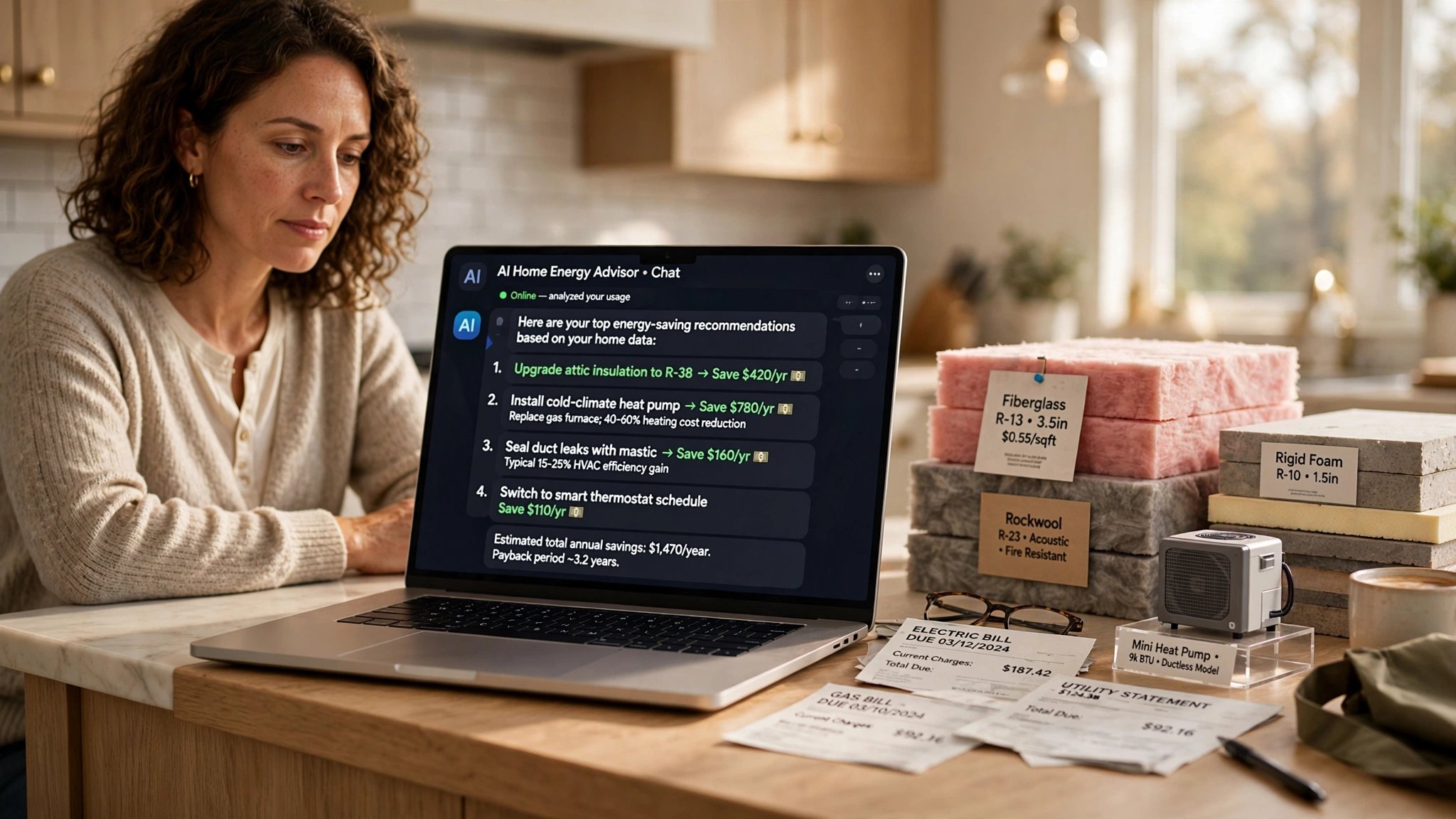 A homeowner at a kitchen table with a laptop showing a chatbot conversation about home energy retrofits, while bills and insulation samples sit nearby