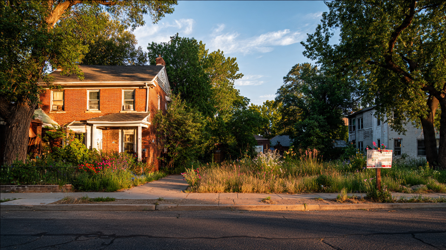A quiet residential street with a charming brick duplex on one side and an empty, overgrown lot on the other where a fourplex was never built, warm afternoon light casting long shadows across the sidewalk