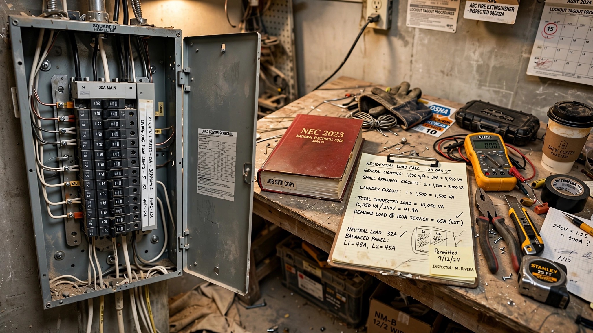 Residential electrical panel with a load calculation worksheet and NEC codebook visible on a workbench