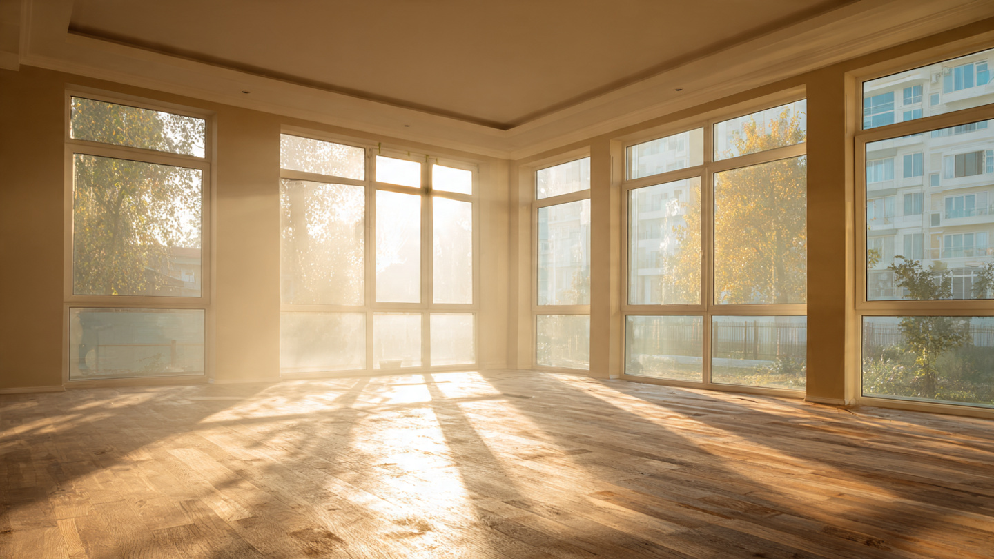 Sunlit new construction living room with sealed windows, hazy air visible
