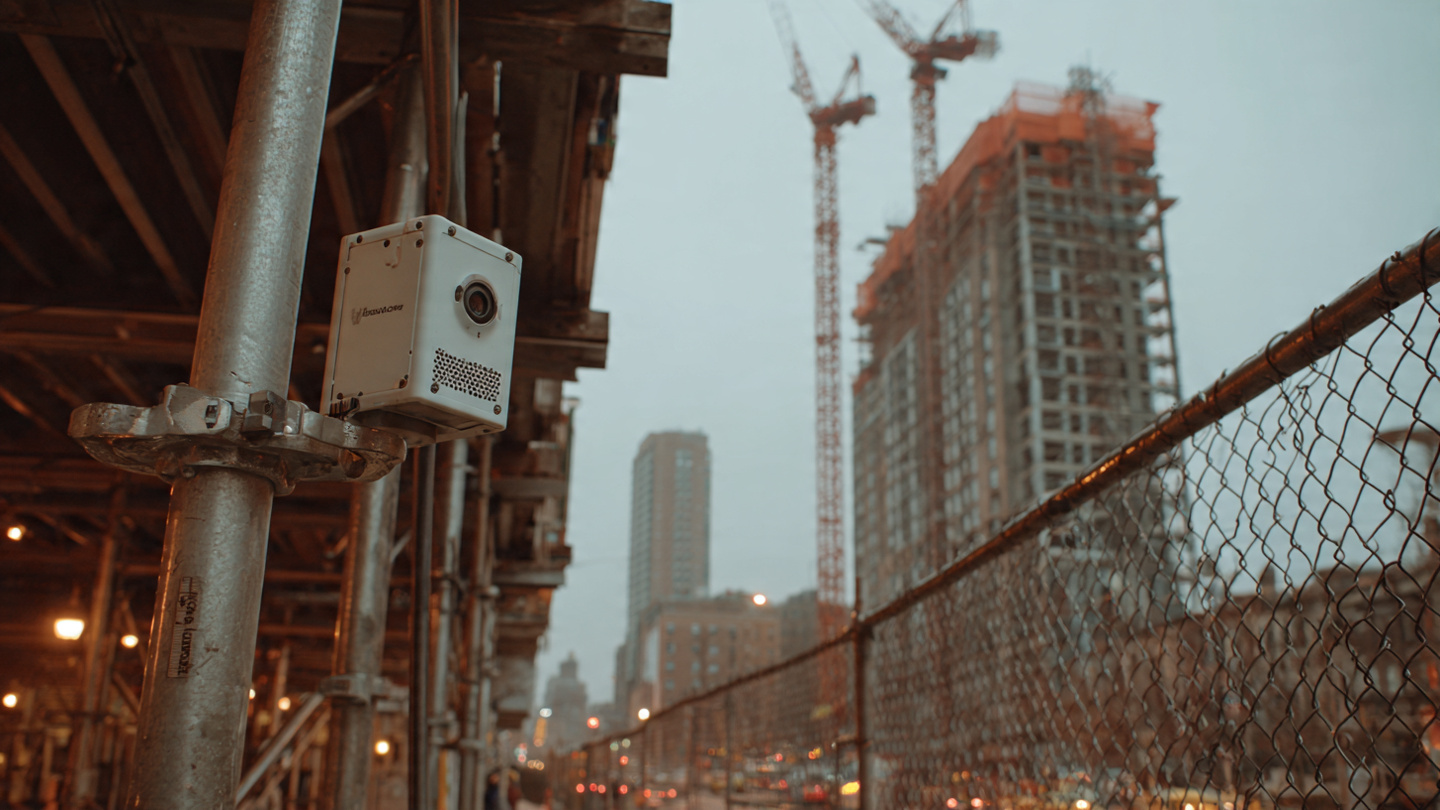 A weatherproof noise monitoring sensor mounted on construction scaffolding at a New York City building site, with a residential brownstone visible across the sidewalk