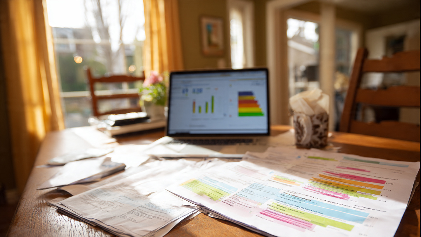A homeowner reviewing utility bills next to an energy model dashboard showing conflicting numbers