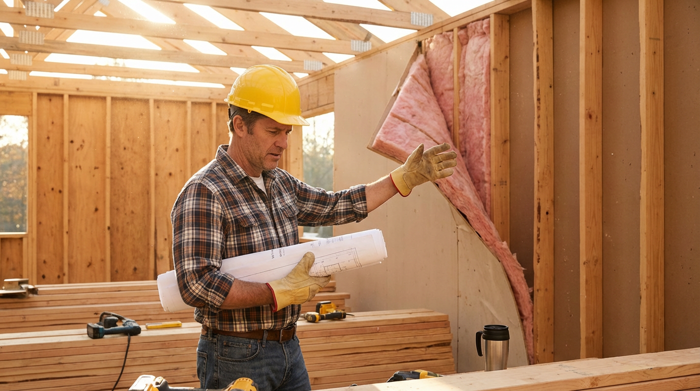 A construction worker on a residential framing site looking frustrated at a section of wall that has been partially torn out for rework