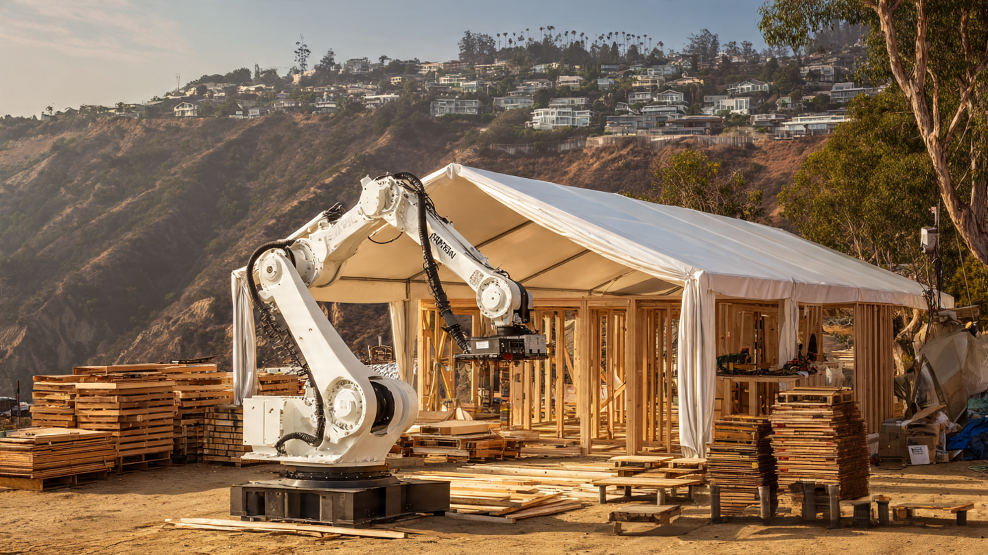 An industrial robotic arm under a white tent canopy on a cleared residential lot, assembling wood framing panels in golden California afternoon light, with burned hillsides visible in the background