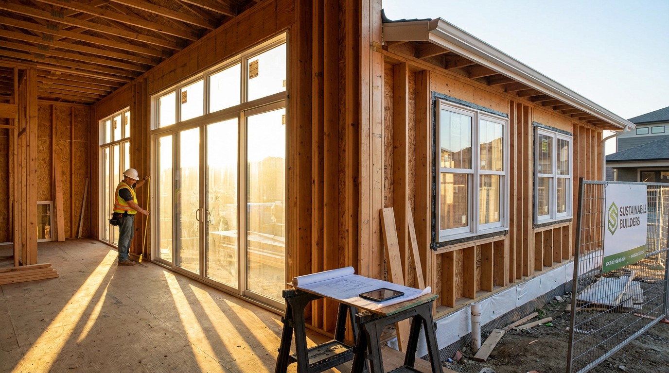 Different window types being installed on different sides of a home under construction