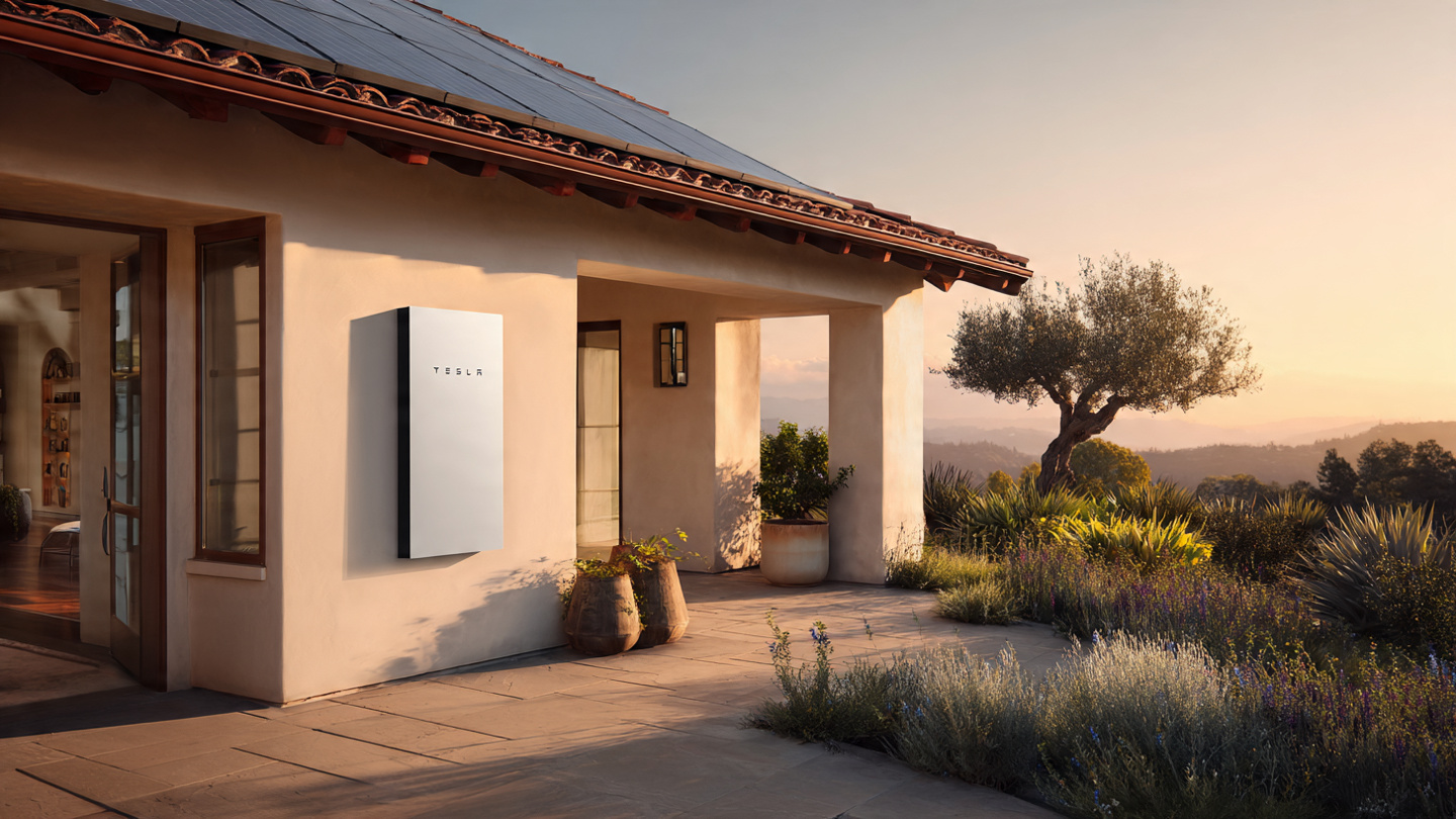 A sleek white home battery unit mounted on the side of a modern California home at golden hour, with solar panels visible on the roof and a smart electrical panel nearby