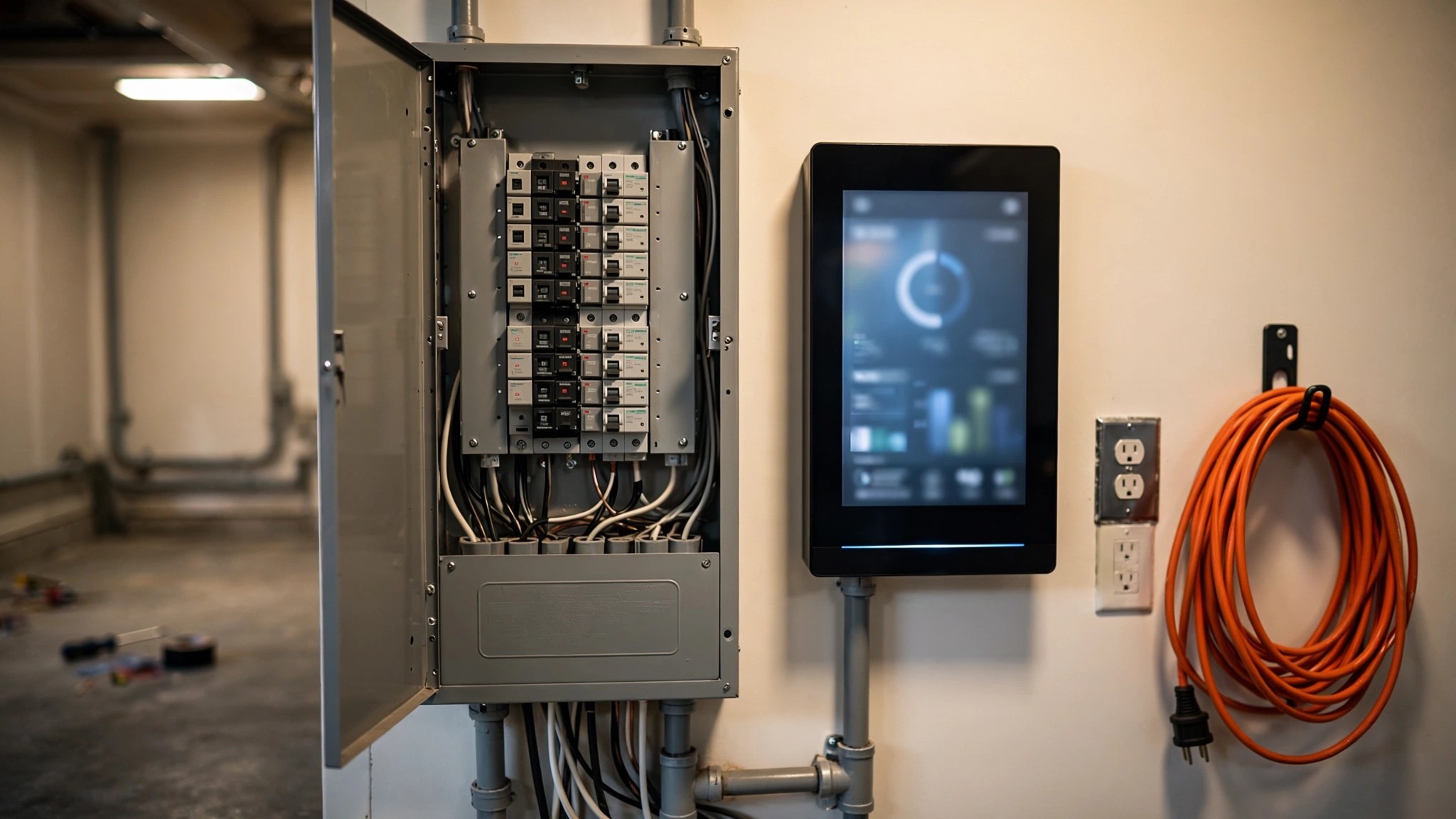 A residential electrical panel with circuit breakers and smart monitoring display in a utility room