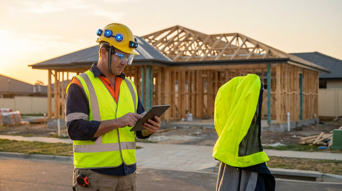 Construction worker wearing smart safety helmet with embedded sensors