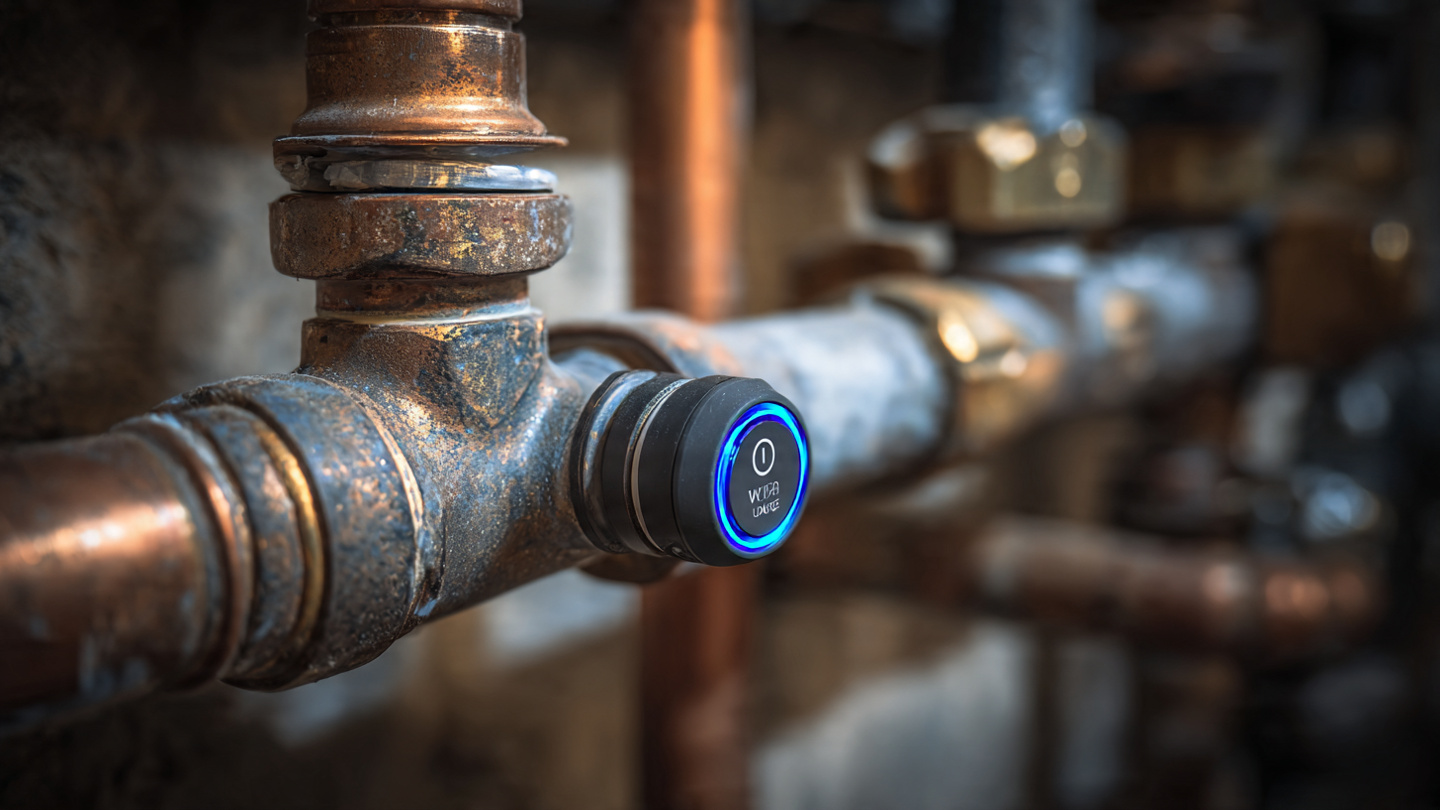 Close-up of a smart water monitor clamped onto a copper main water line in a residential utility room