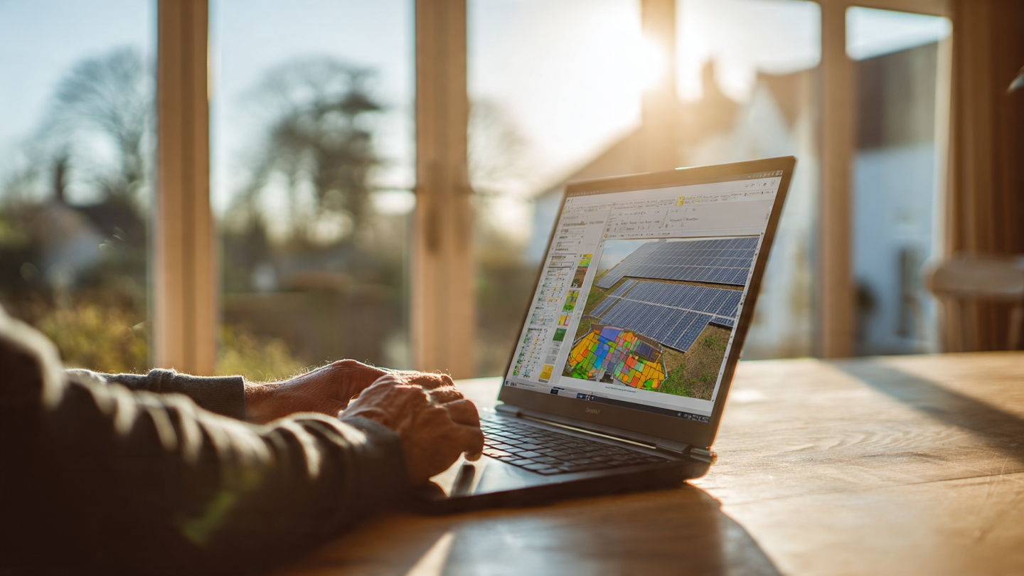 A homeowner sitting at a kitchen table with a laptop open to a solar design tool, early morning light streaming through a window, rooftop solar panels visible outside casting shadows on the yard