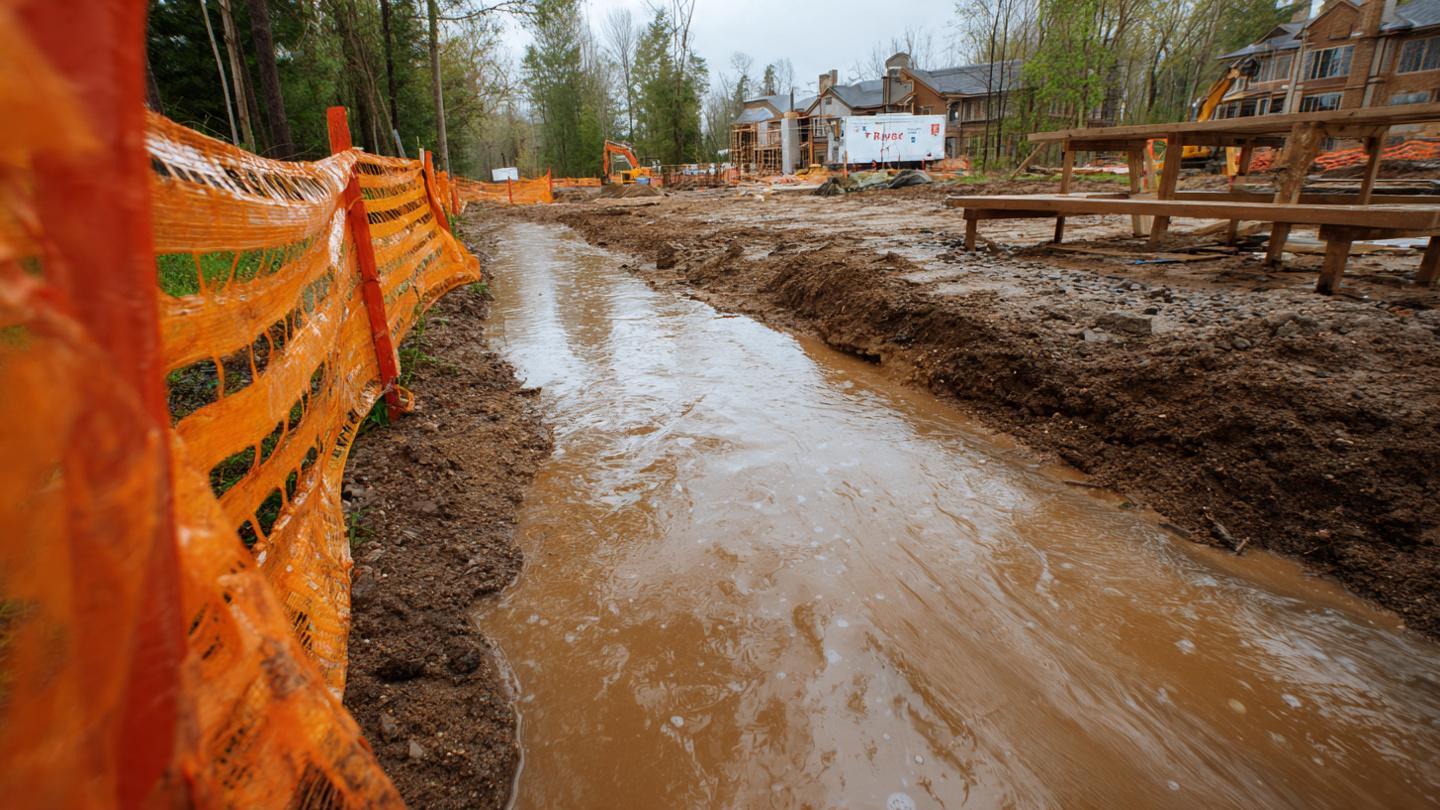 Muddy residential construction site with orange sediment fencing along a drainage channel and stormwater runoff flowing over bare earth during light rain