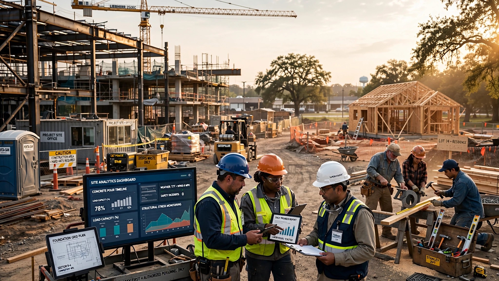 A construction site with workers and digital data overlays representing AI integration on a commercial jobsite