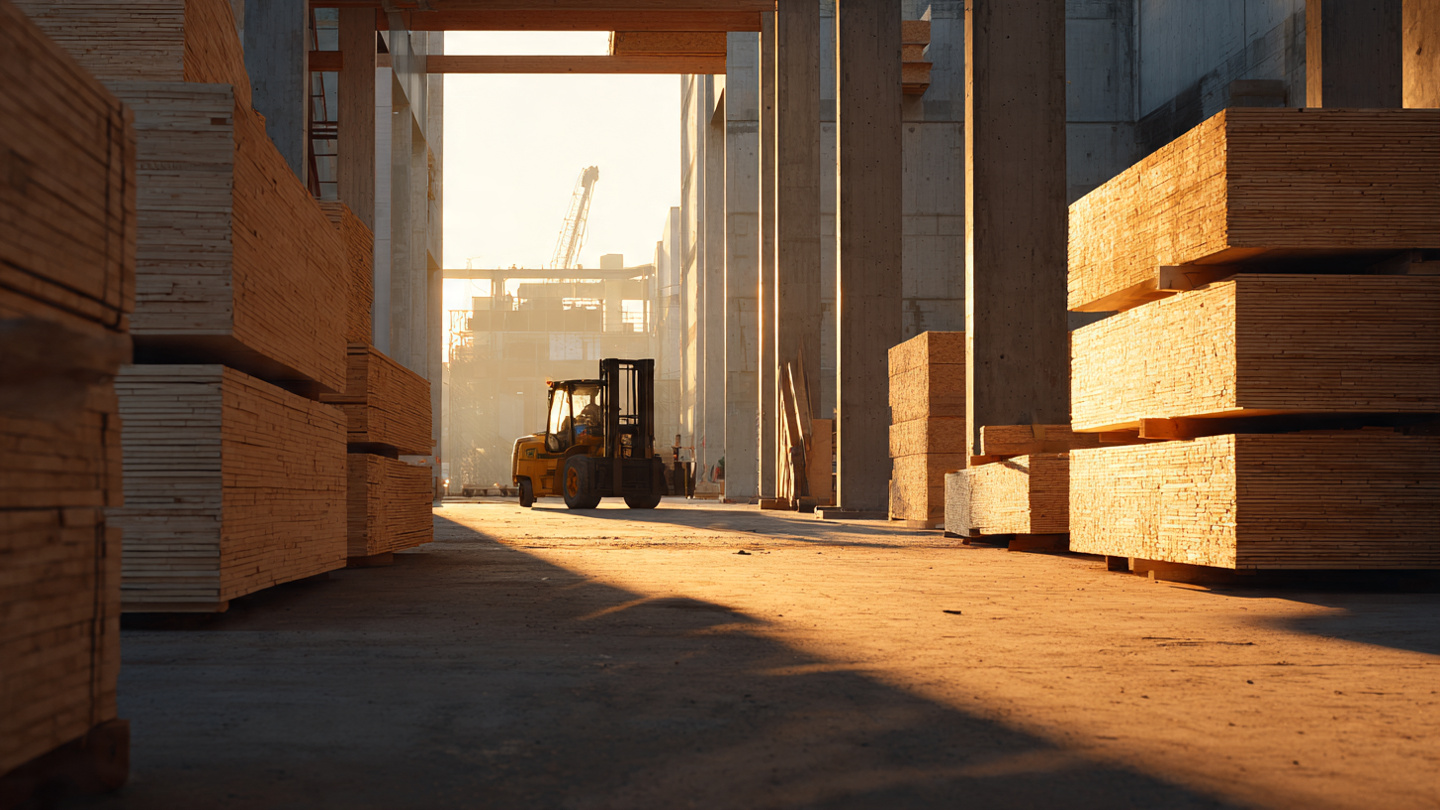 A construction site showing cross-laminated timber panels stacked beside steel I-beams, with a forklift in the background and morning light casting long shadows across raw building materials