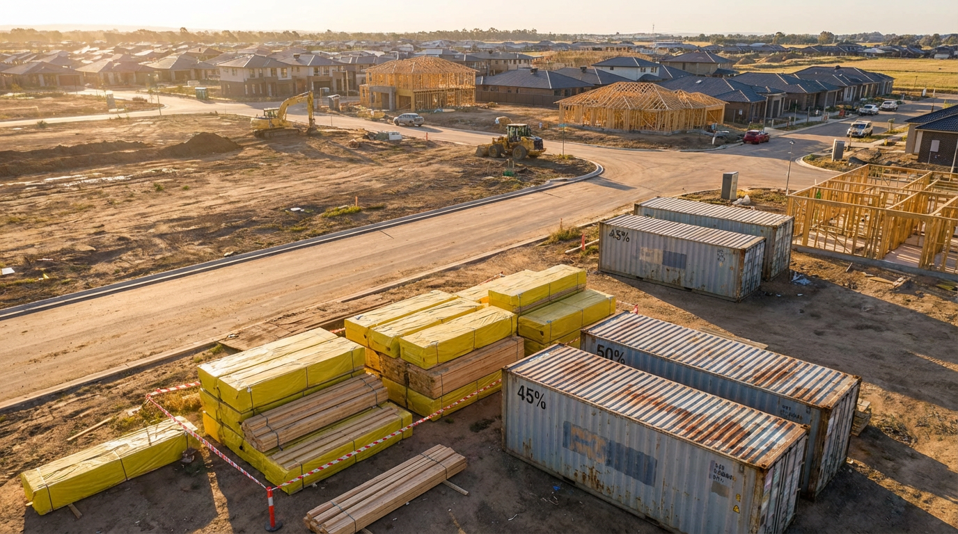 Suburban construction site with lumber stacks and tariff markings
