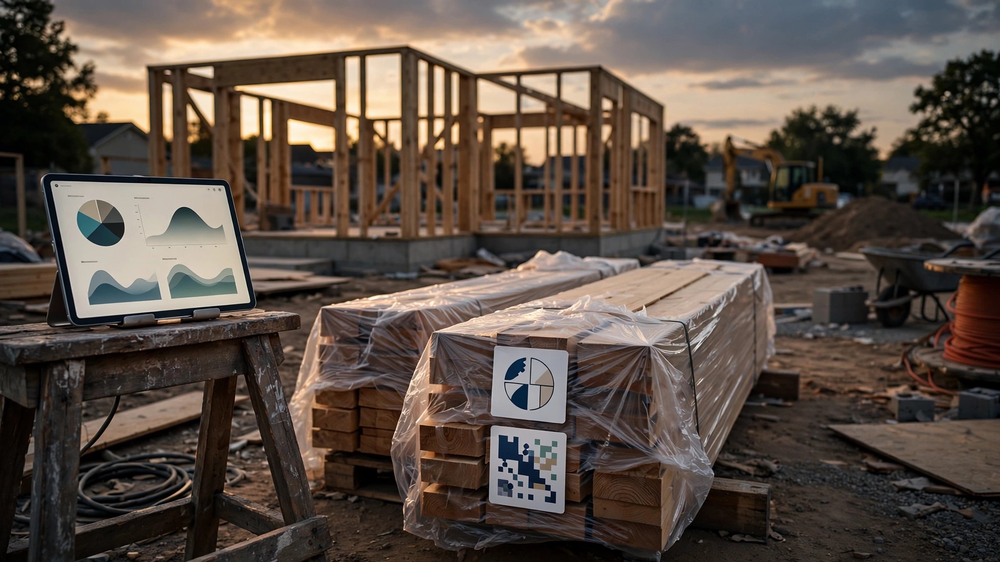 A half-framed residential construction site at dusk with stacked lumber and a tablet showing AI cost estimation software glowing on a sawhorse
