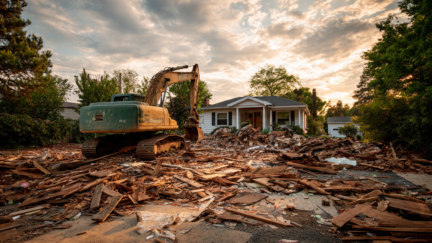 Excavator demolishing a small suburban ranch house with debris piled high, a new modern home visible on the neighboring lot