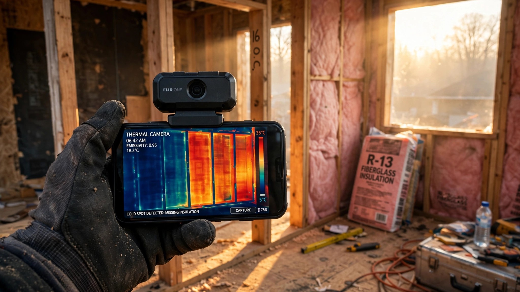 A construction worker holding a smartphone with a thermal camera attachment aimed at an unfinished wall showing exposed framing and insulation batts, the phone screen displaying a vivid thermal map in blues, yellows, and reds