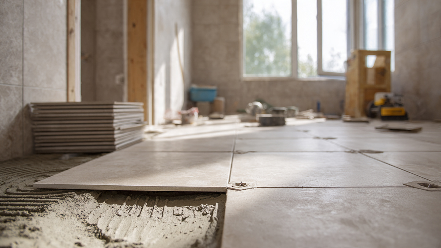 Ceramic floor tiles stacked beside a partially tiled residential bathroom with a toilet rough-in visible