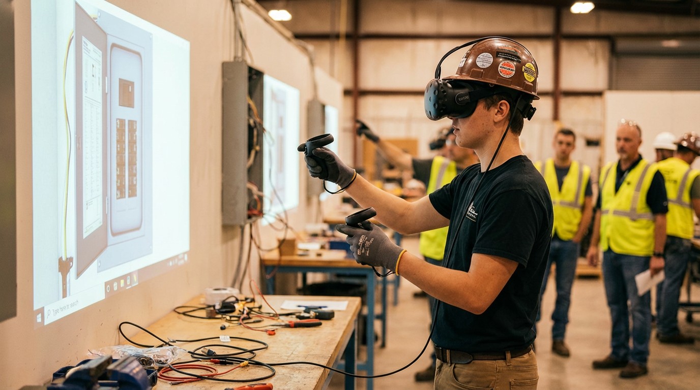 Young construction apprentice in a VR headset practicing framing on a simulated residential job site