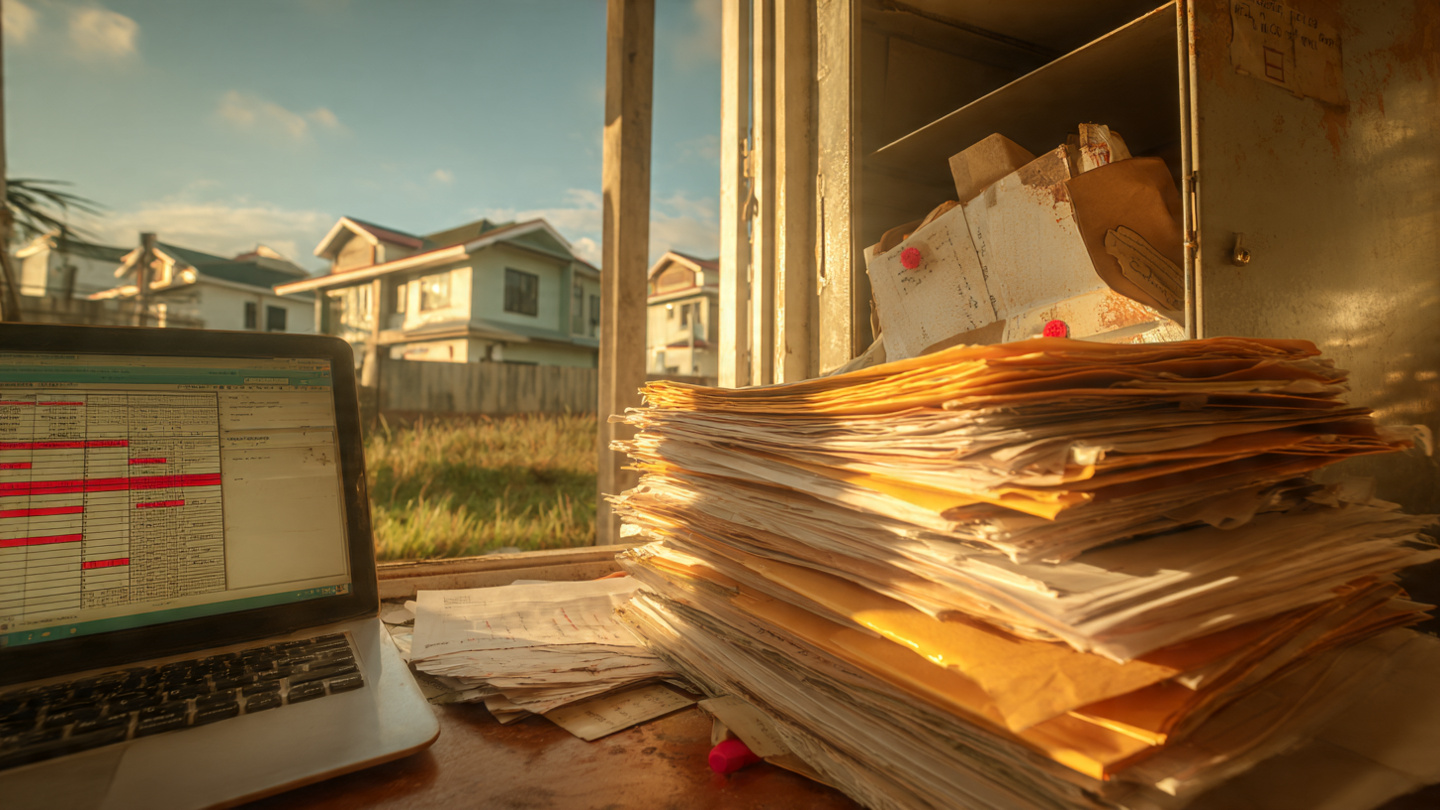 A cluttered builder's desk with a stack of warranty claim forms, a laptop showing a spreadsheet, and a filing cabinet partially open in a construction office trailer