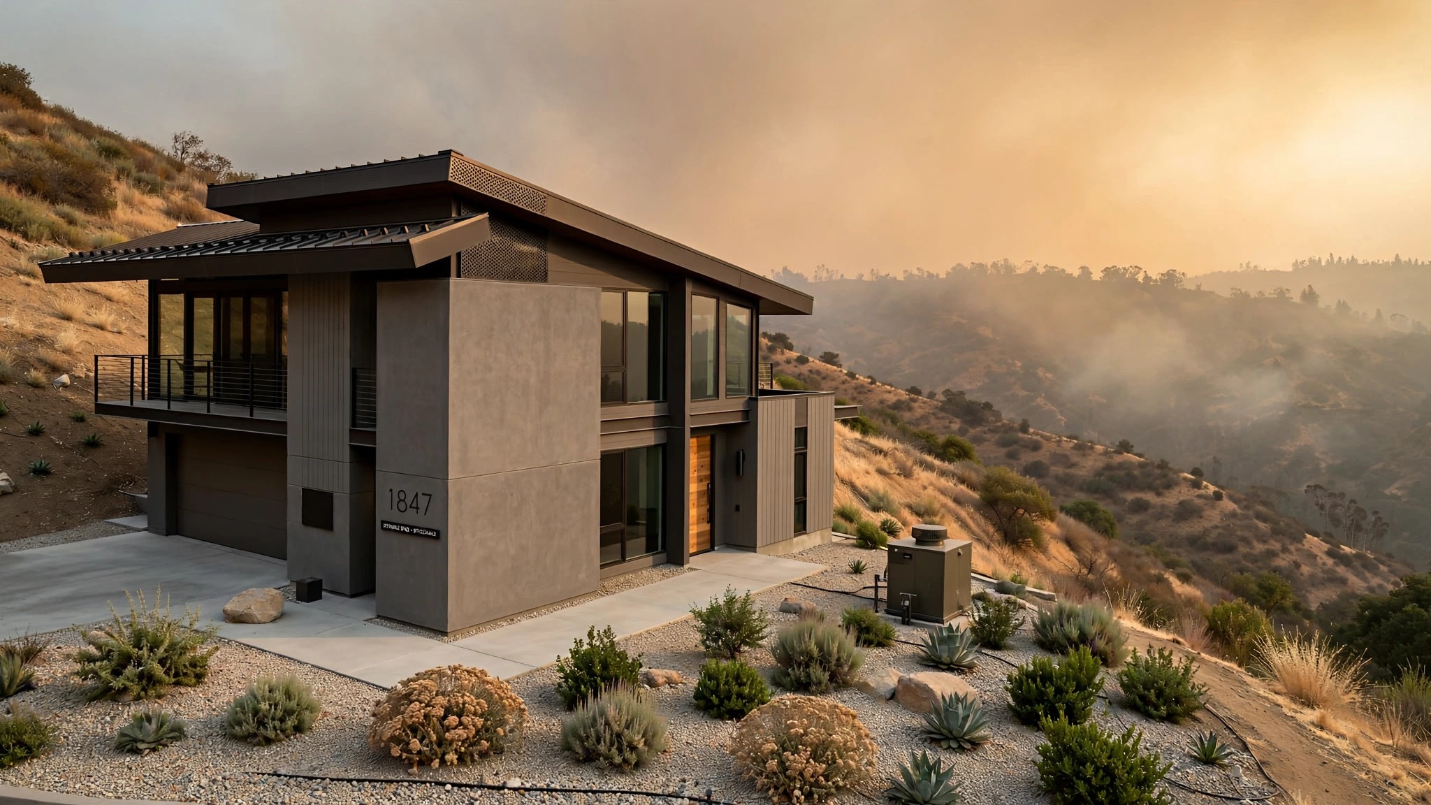 A California hillside home with ember-resistant vents and fire-resistant siding, wildfire smoke visible on the distant ridge