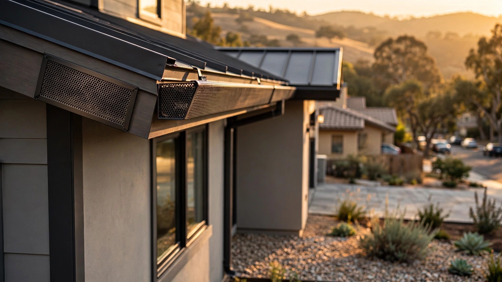 Close-up of a residential home exterior showing ember-resistant metal vents and a noncombustible gravel perimeter zone, with golden California hills visible in the background