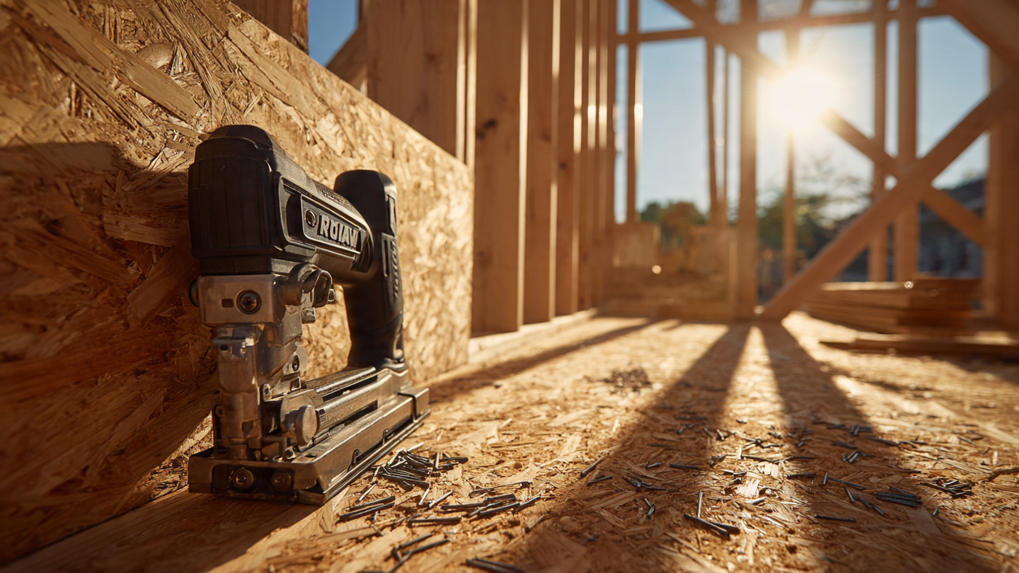 Close-up of a pneumatic nail gun on OSB sheathing with scattered nails in golden morning sunlight