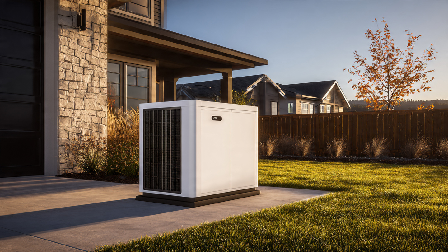 A compact white liquid-cooled compute unit sitting on a concrete pad beside a new suburban home, roughly the size of an HVAC condenser, with soft afternoon light and freshly graded landscaping