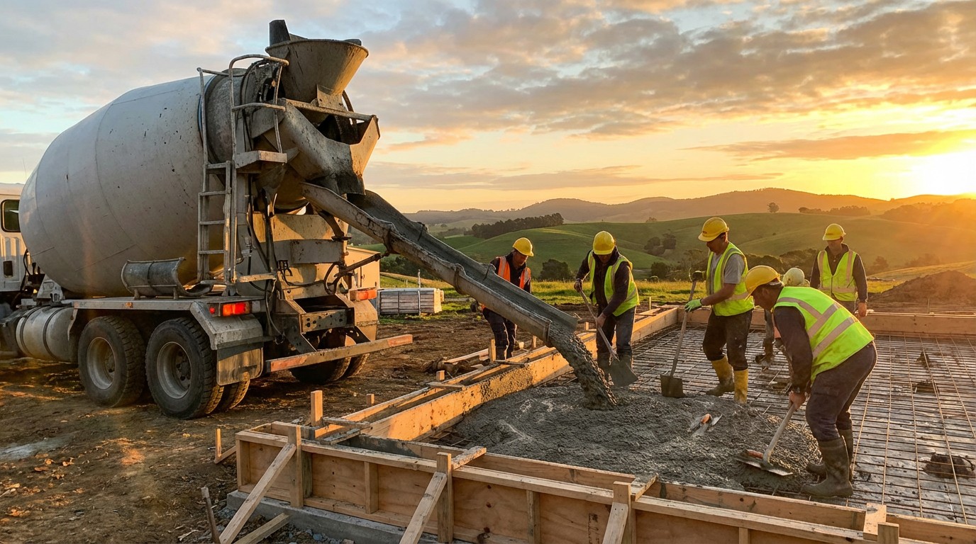 A concrete truck pouring a residential foundation, warm morning light, green hillside in background